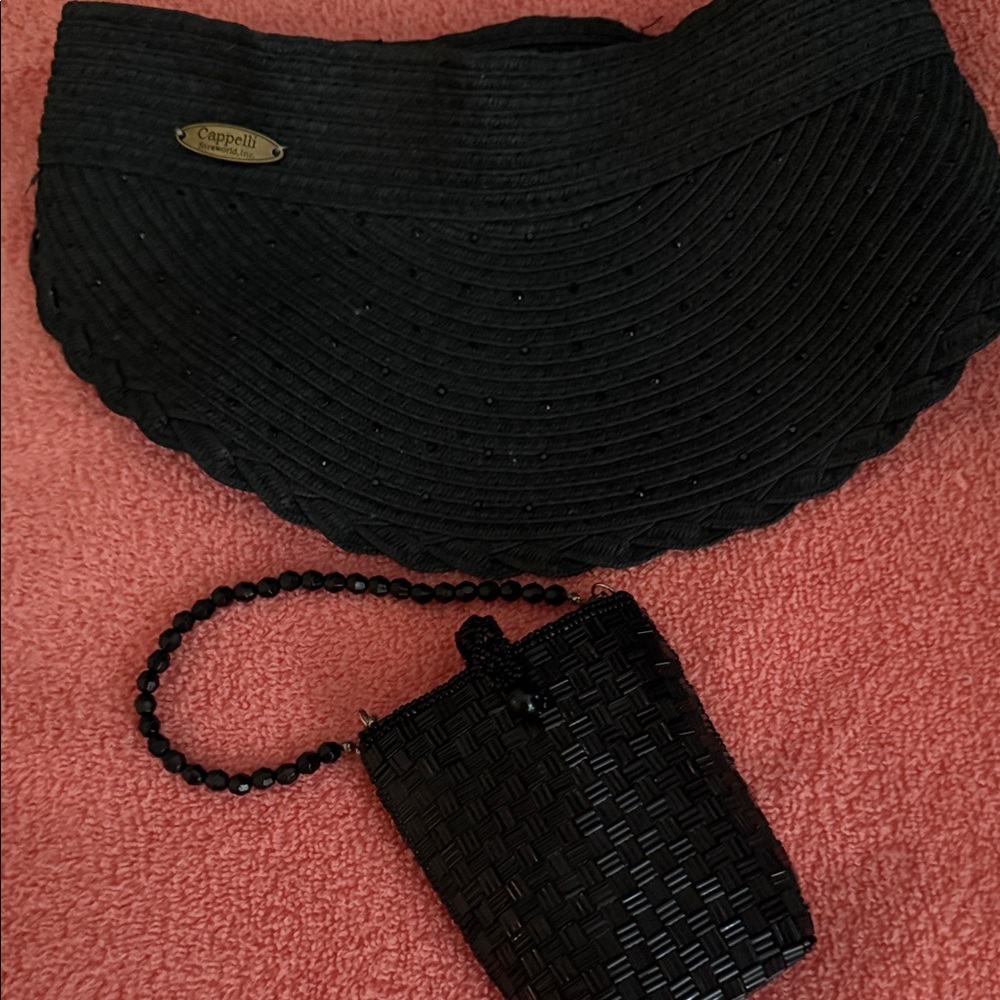 Capelli of New York Black Ribbed Clutch with Beaded Wristlet